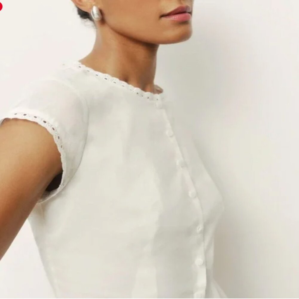 Reformation White Eyelet-Trim Cap Sleeve Blouse - Picture 3 of 6